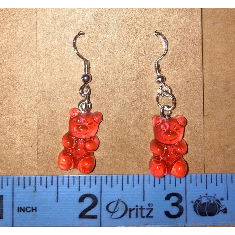 ☀️3/$9☀️ Red-Orange Resin Gummy Bear Dangle Earring with .925 Silver Hooks - Picture 3 of 6